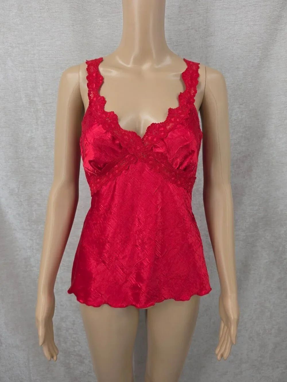 Y2K Lipstick Red Crushed Satin Lace-Trim Satin Babydoll Tie Back Cami Tank Top